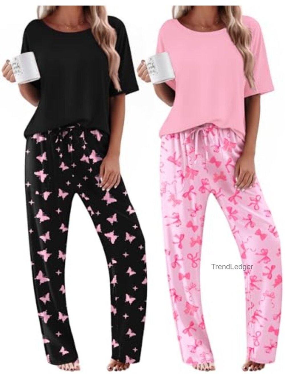 Ekouaer 2 Pack Womens Pajama Sets Short Sleeve Long Pants Lounge PJs